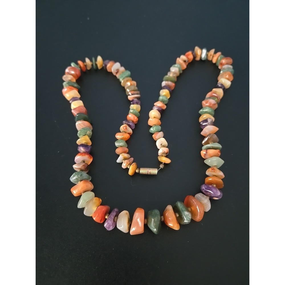 Multicolor Gemstone Graduating Necklace Jade Jasper Agates w Goldtone Insets 30"